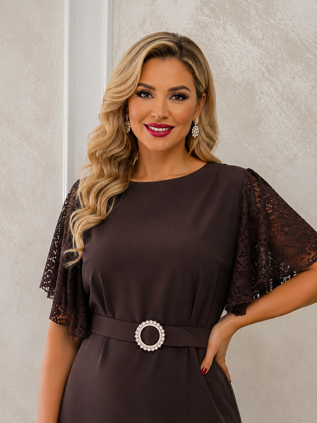 Rochia Marimar – rochie eleganta din stofa cu maneci din dantela disponibila in trei culori
