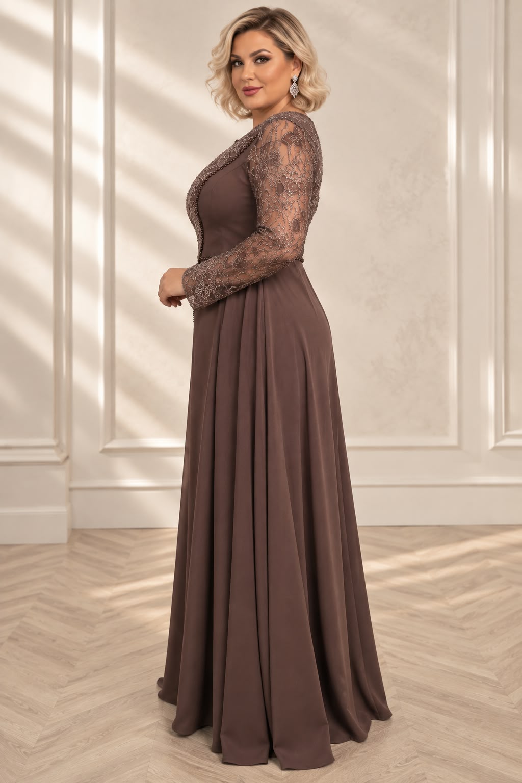 Rochia Raluca- Rochie lunga eleganta din crep cu dantela si perle