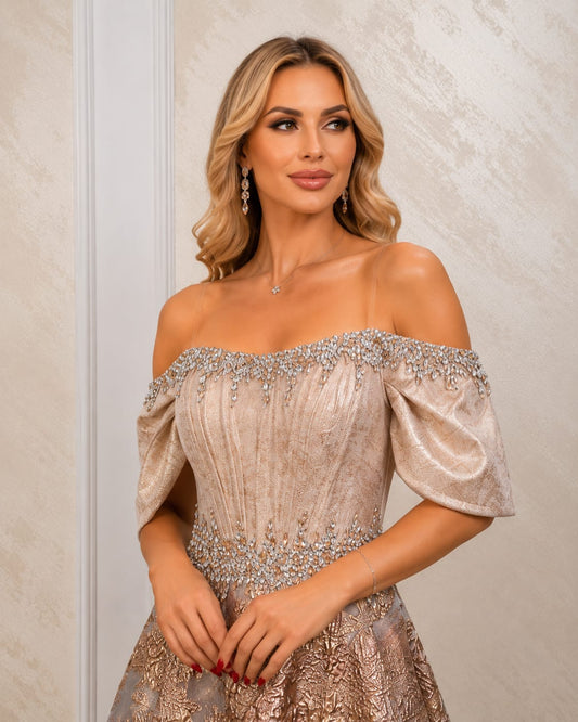Rochia Boho Sic -Rochie de seara lunga Champagne Gold cu umeri goi si aplicatii din cristale