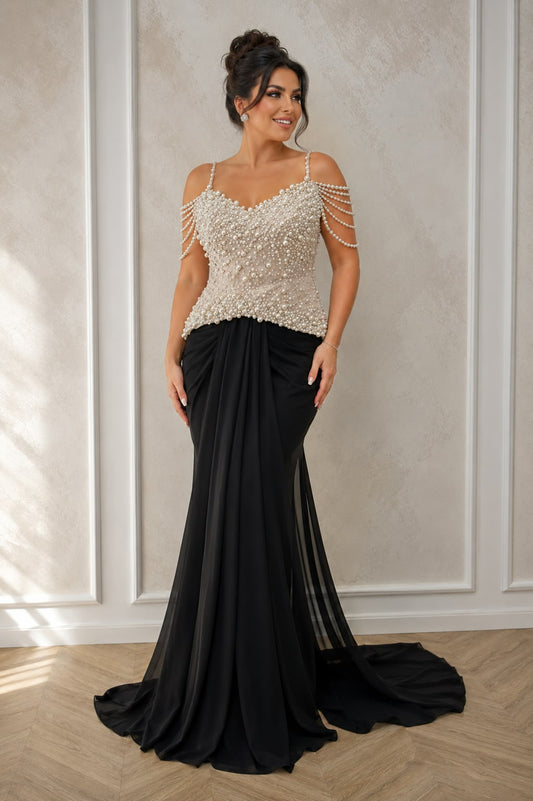 Rochie lunga de seara Perla cu corset din perle si trena - editie limitata