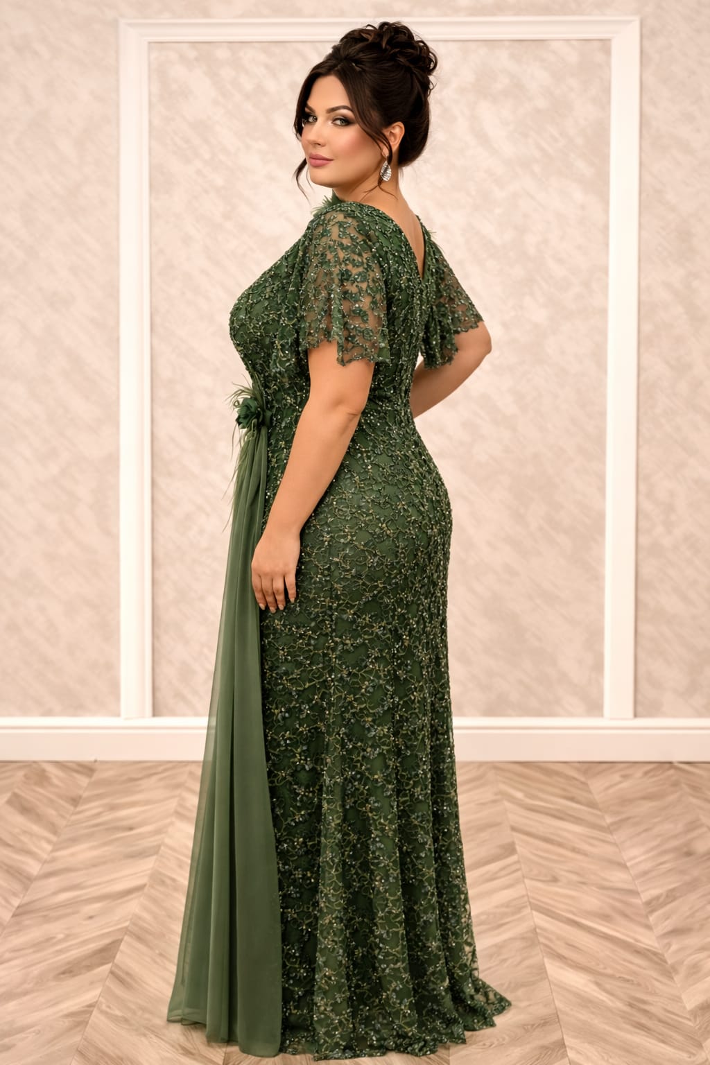 Rochia Cherry – Rochie lungă din dantelă cu perle pentru mărimi plus size si maneci