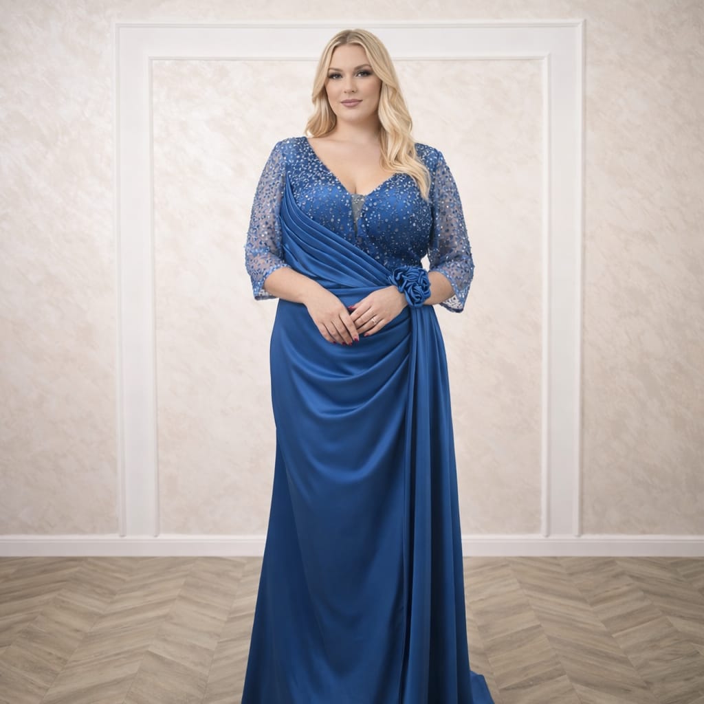 Rochia Mena - Rochie lunga eleganta cu maneci si bust din dantla stralucitoare