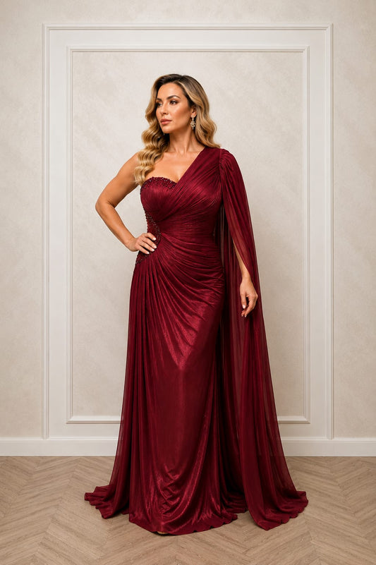 Rochia Desire – Rochie eleganta luxury bordo din matase artificiala cu maneca tip esarfa