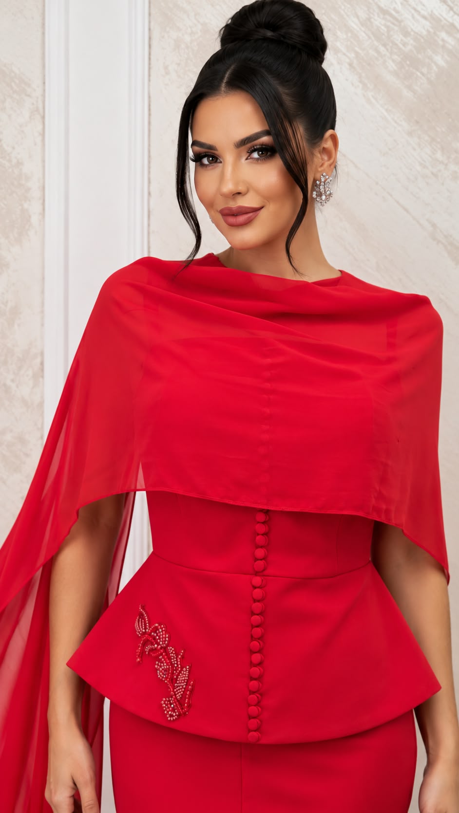 Rochie Motif midi rosie cu capa detasabila