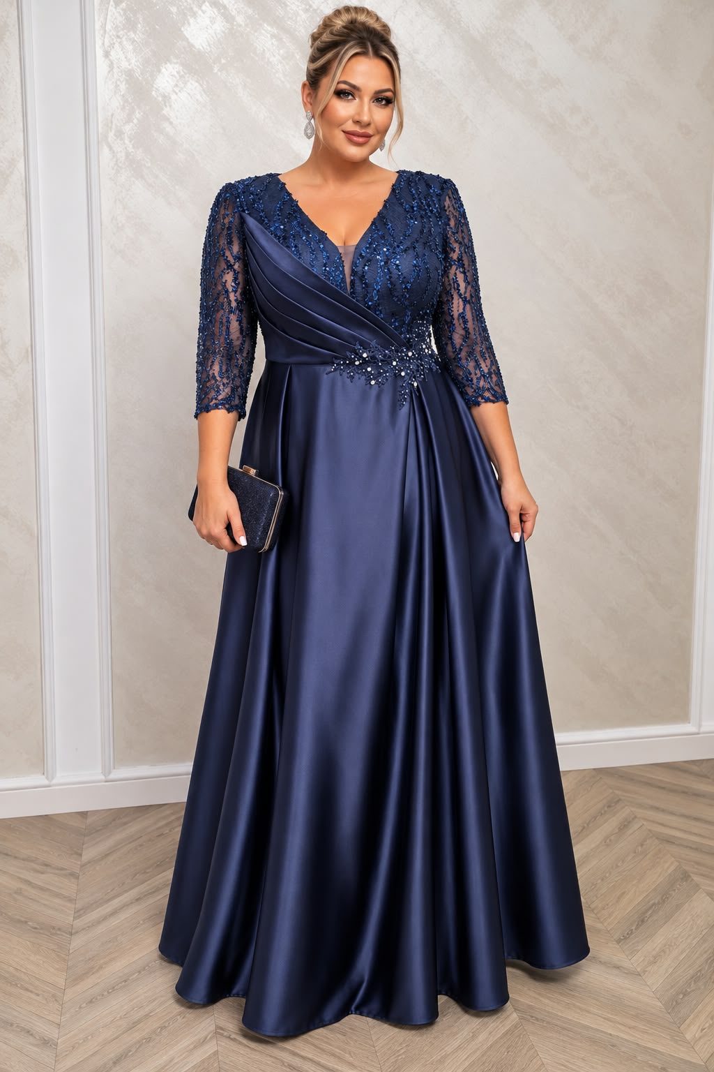 Rochia Lucia – Rochie lunga din satin cu dantela paietata si slit elegant pe picior