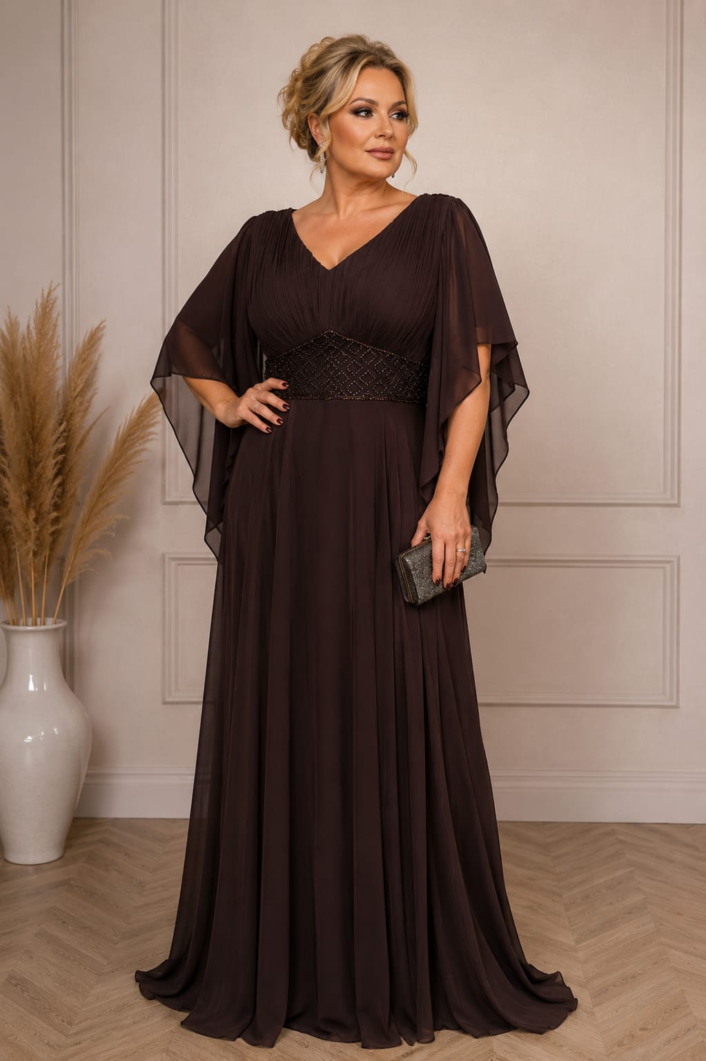 Rochia Melona - lunga din voal fluid cu maneci asimetrice elegante