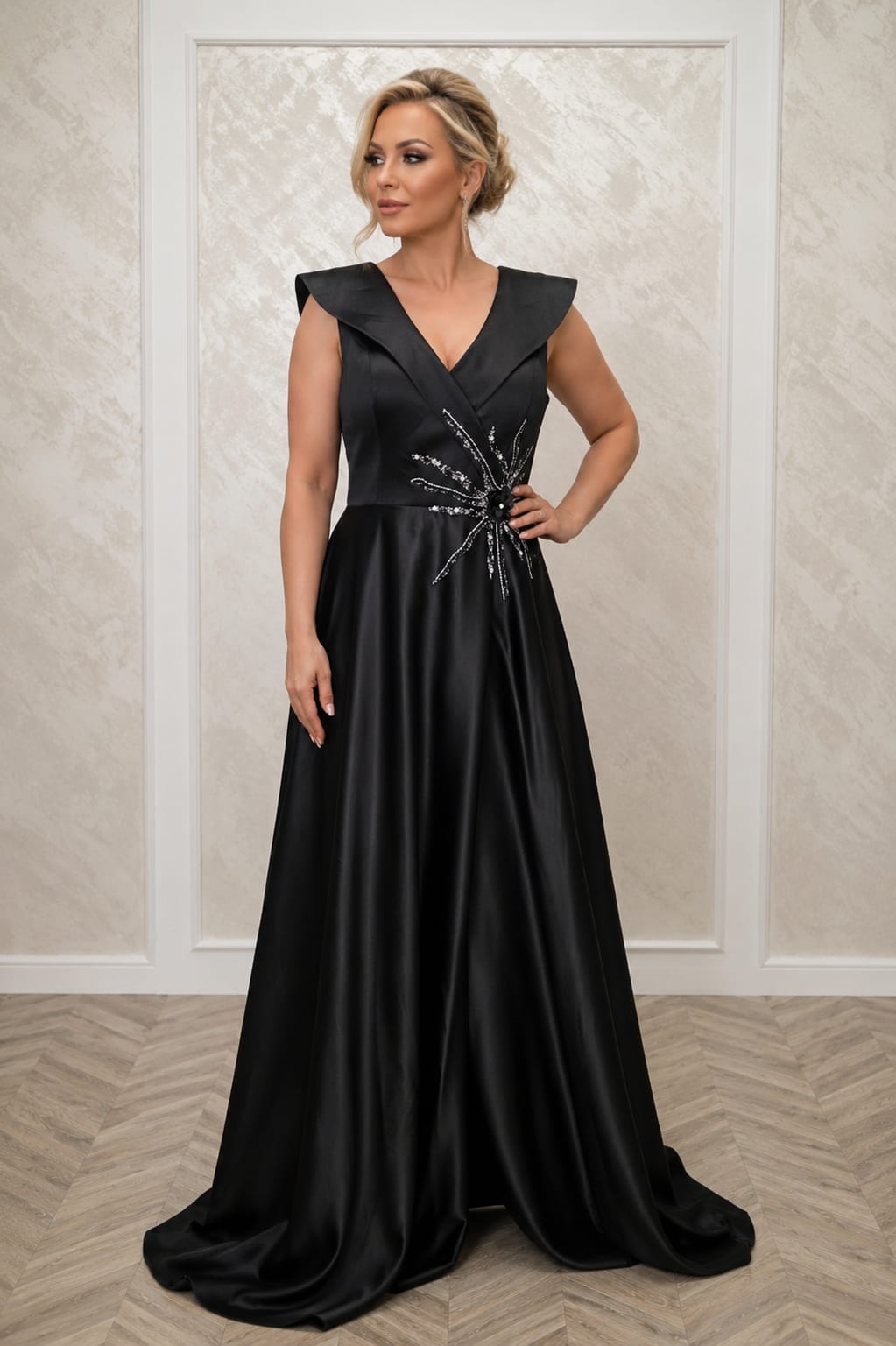 Rochia Lorena – Rochie eleganta lunga in nuante capuccino , negru , turcoaz din satin cu slit pe picior