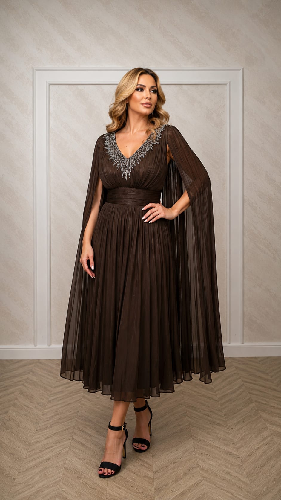 Rochia Piamor – Rochie midi eleganta din matase artificiala fluida cu maneci tip esarfa