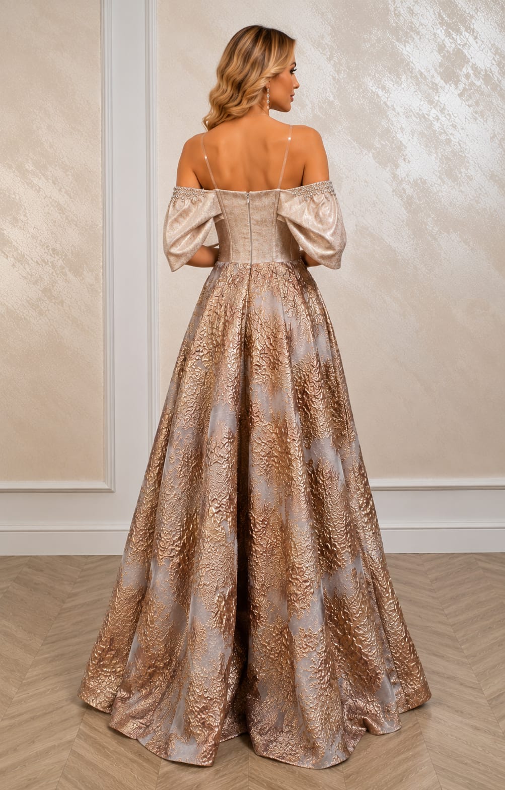 Rochia Boho Sic -Rochie de seara lunga Champagne Gold cu umeri goi si aplicatii din cristale