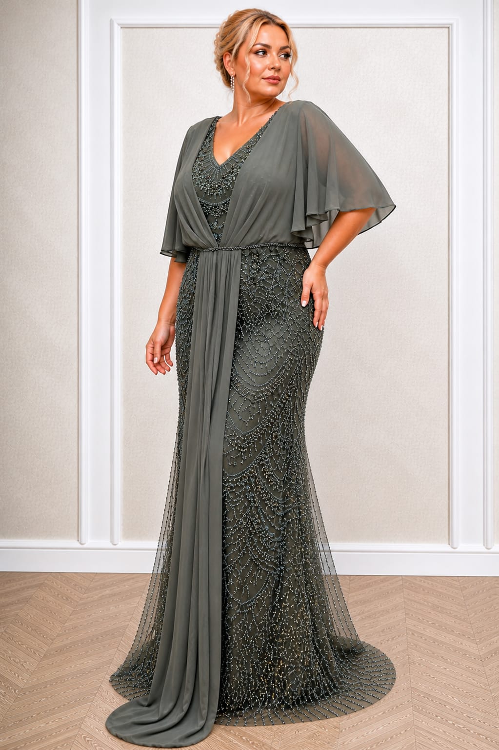 Rochia Sophia – Rochie Eleganta Verde din Dantela cu Voal pentru Marimi Plus Size