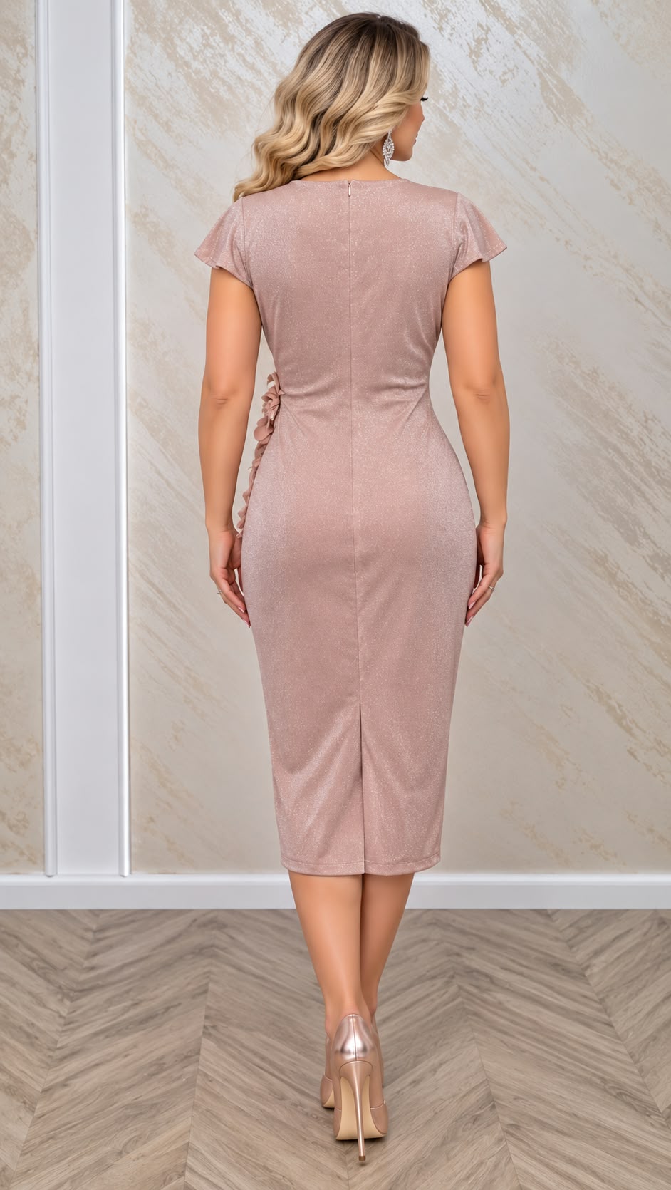 Rochie midi eleganta Onda din lurex cu drapaje si aplicatii florale