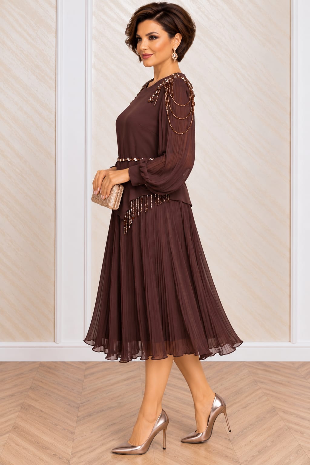 Rochia Omega -Rochie nuanta ciocolatie din stofa si voal plisat cu perle