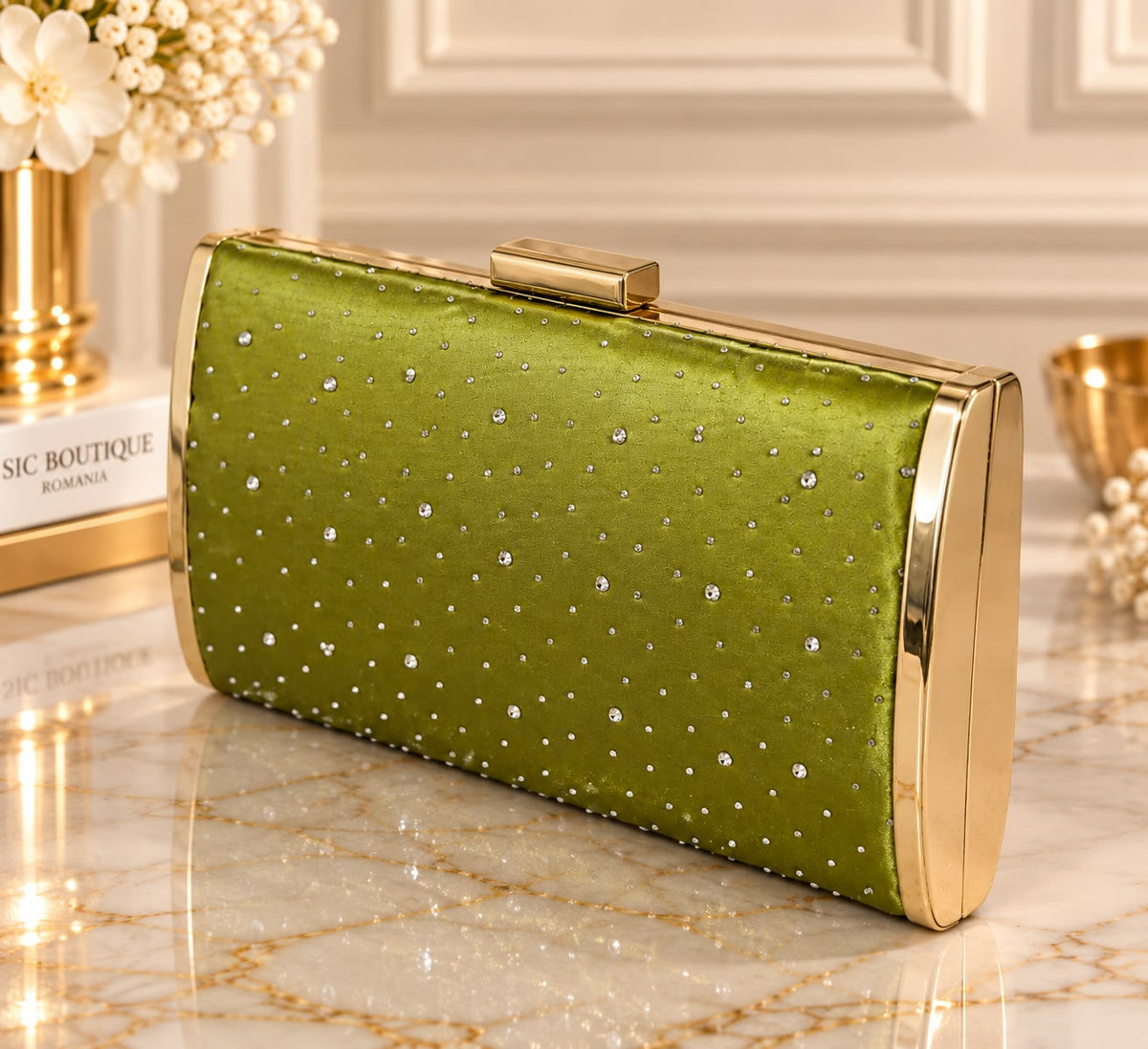 Geanta Clutch Verde Fistic cu Strasuri