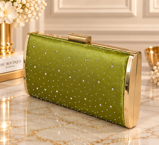 Geanta Clutch Verde Fistic cu Strasuri