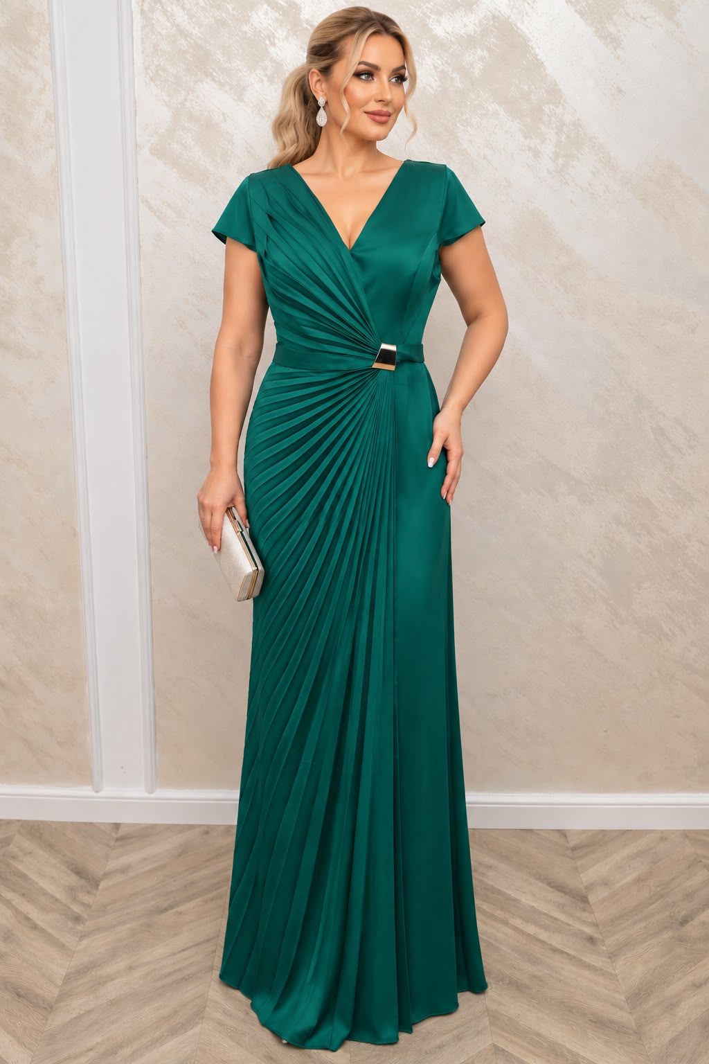 Rochia Danca -Rochie verde smarald lunga din Satin premium cu pliseuri