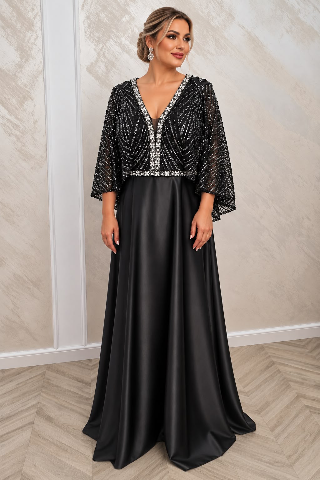 rochie de seara din satin negru cu bust si maneci din dantela