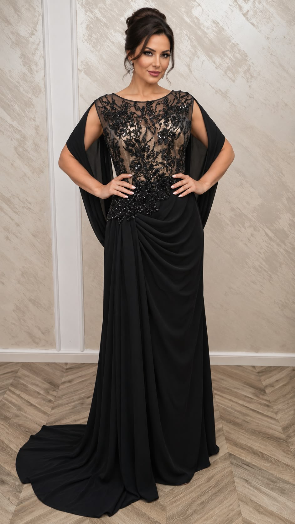Rochia Sandra - rochie lunga neagra de seara cu insertii aurii