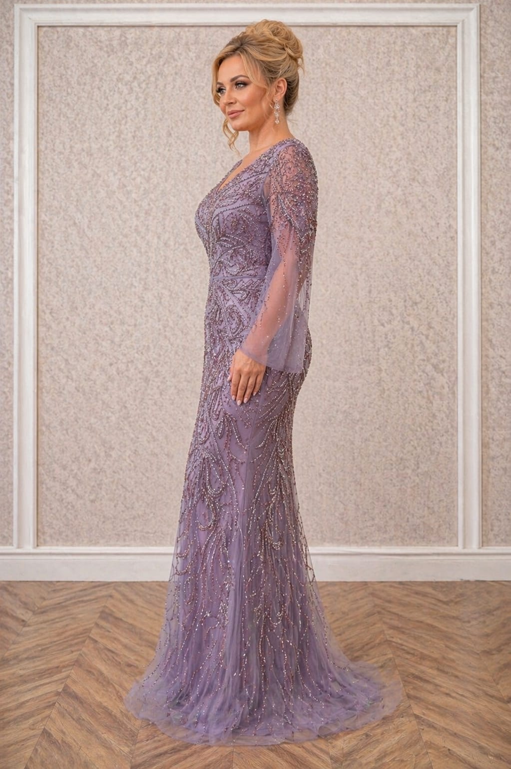 Rochia Belona – Rochie lunga mov pastel cu cristale și perle, ediție limitata