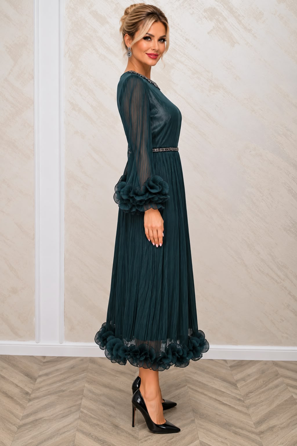 Rochie Nama midi verde petrol din matase organica