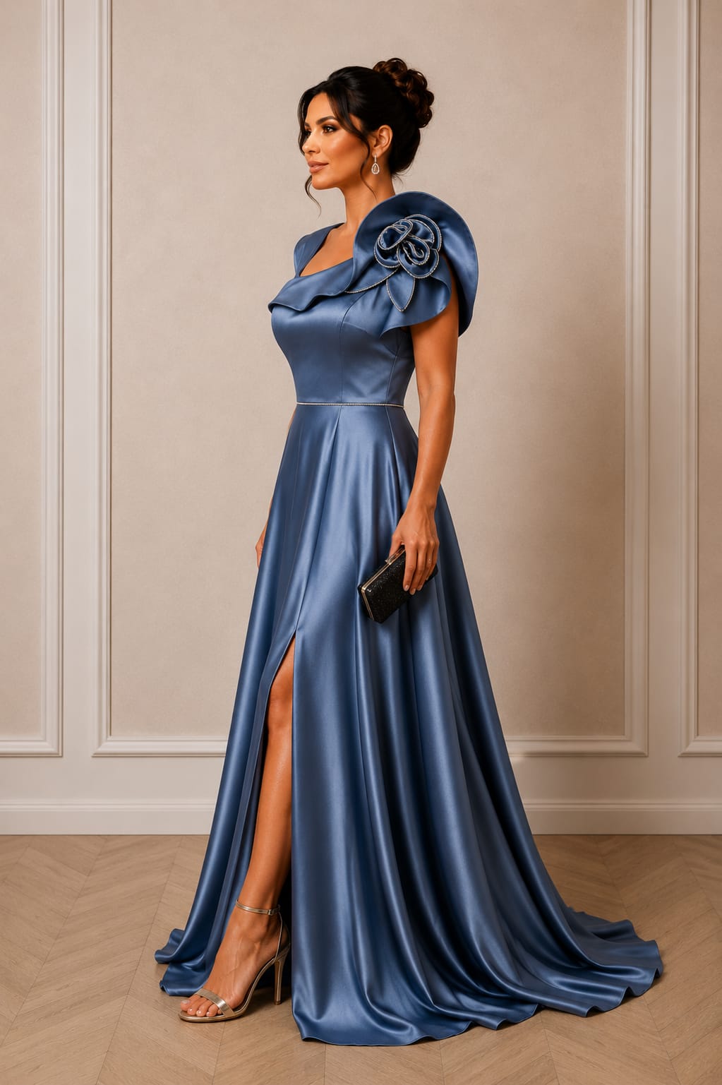 Rochia Naomi – rochie lunga pentru evenimente satin premium in nuante de verde smarald si baby blue
