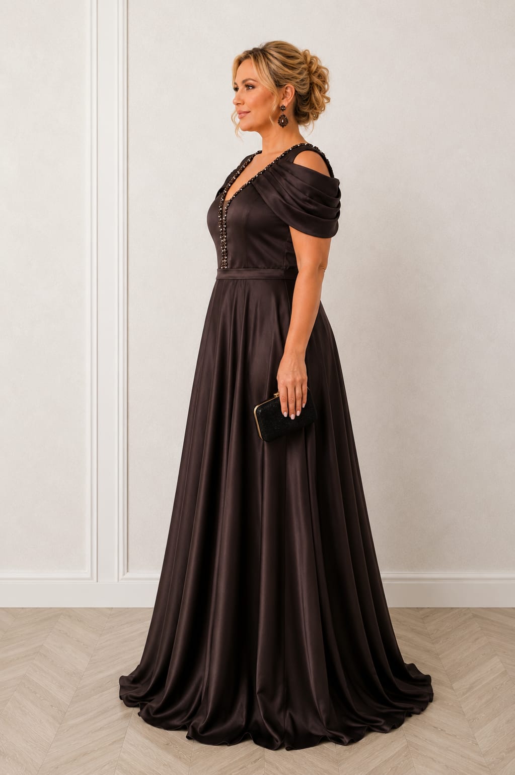 Rochia Lonicera - Rochie lunga simpla din satin cu drapaje peste brate disponibila in 3 nuante