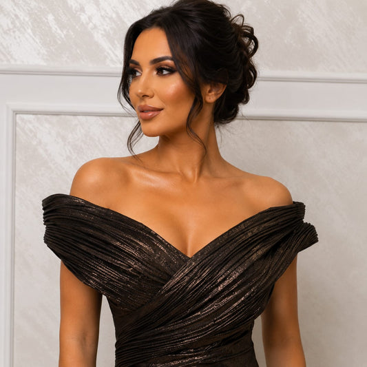 Rochia Belona Bronze - rochie lunga deosebita din material elastic cu corset reglabil