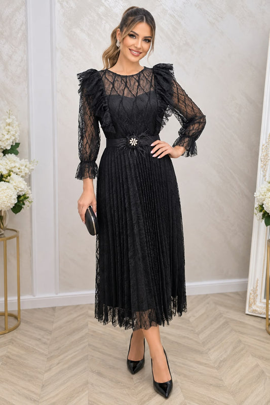 Rochie Dejavu midi din dantela cu maneci si curea eleganta