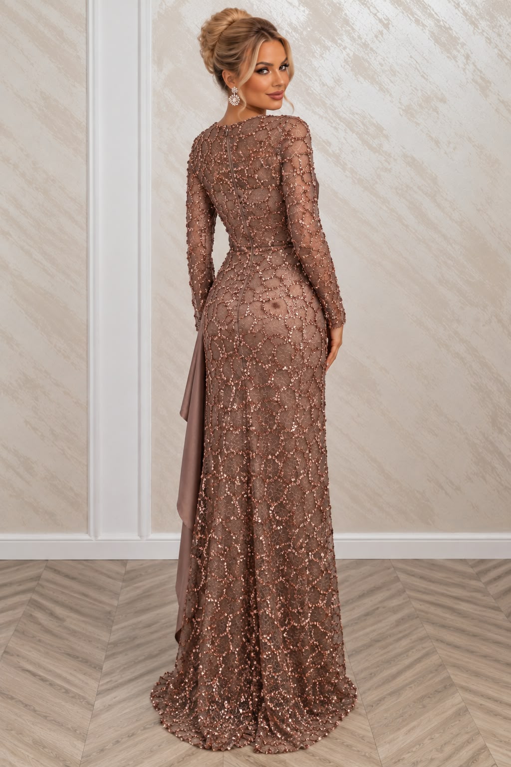 Rochie Belaria lunga cappuccino din dantela cu paiete