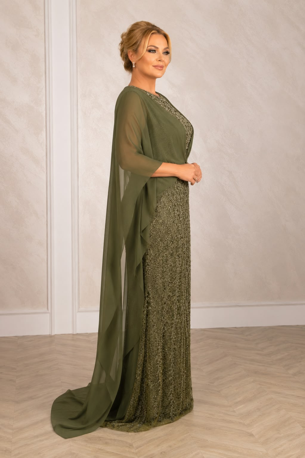 Rochia Simona – Rochie lunga de seara din dantela cu maneci vaporoase