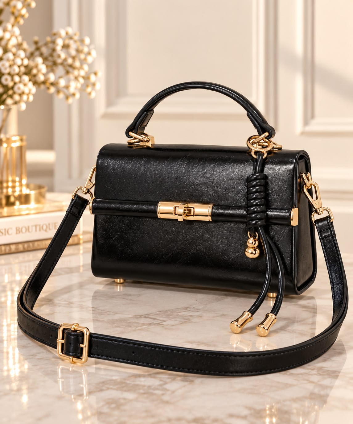Geanta dama eleganta neagra cu accesorii aurii si maner