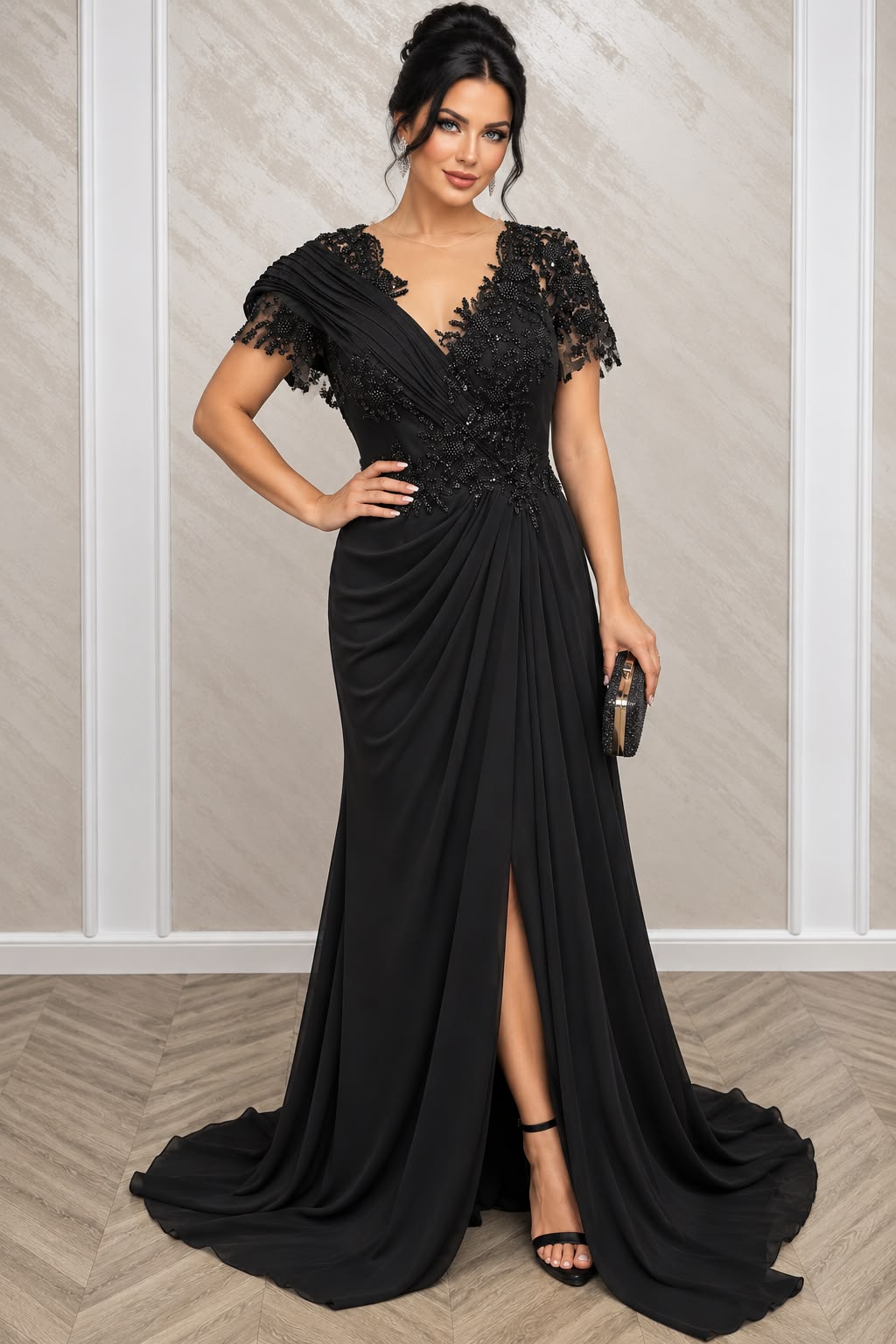 Rochie Maxer Eleganta cu Dantela Brodata si Trena – Negru/Bordo