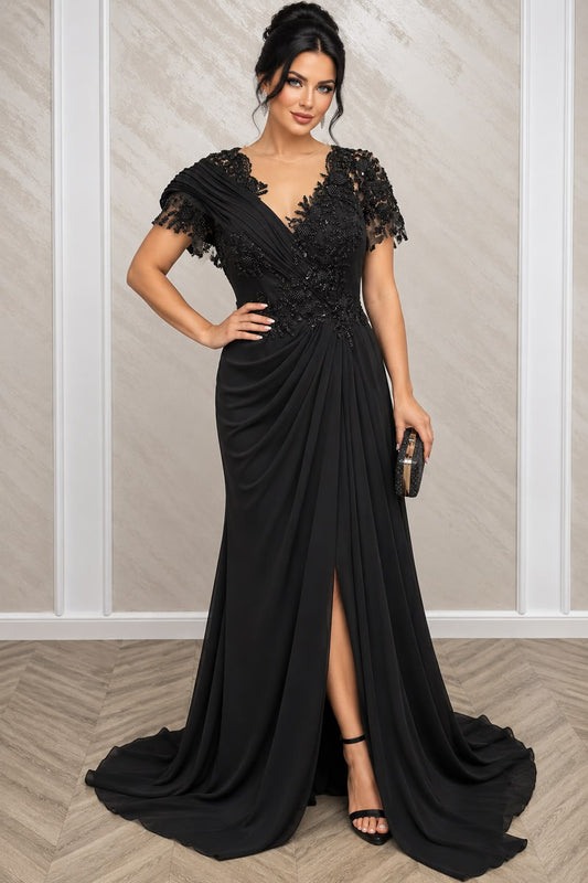 Rochie Maxer Eleganta cu Dantela Brodata si Trena – Negru/Bordo