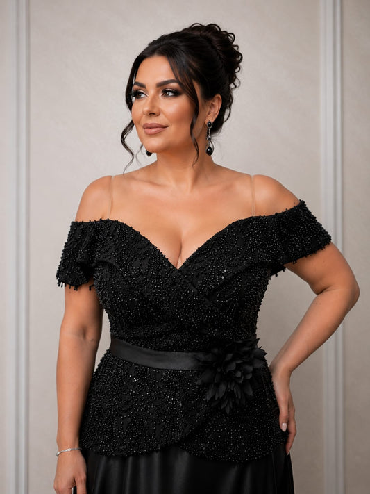 Rochia Legend – Rochie de seara din tafta cu corset paietrat si bretele cazute pe umar