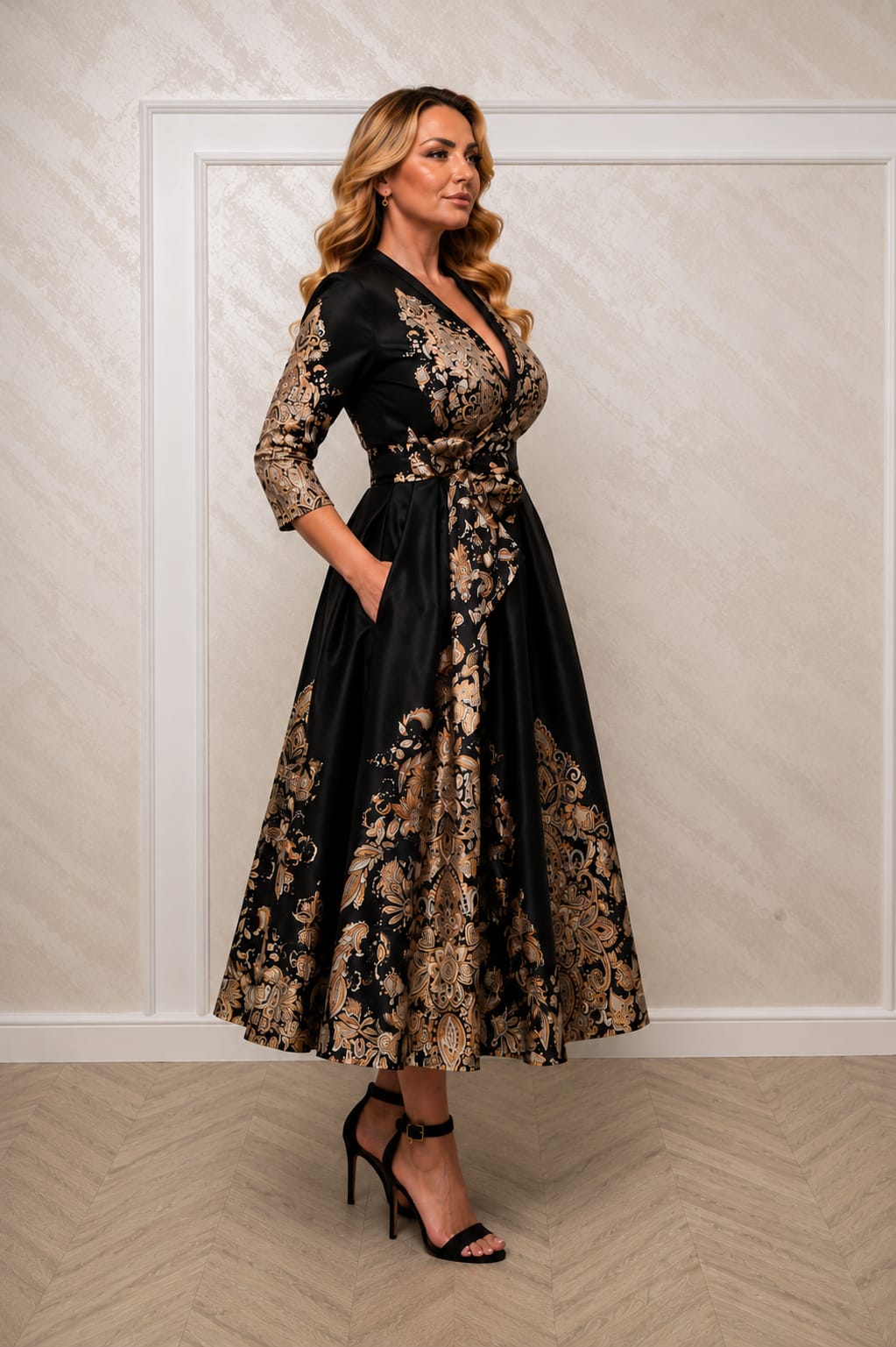 Rochia Kami – Rochie Eleganta satinata cu imprimeuri aurii si design luxury