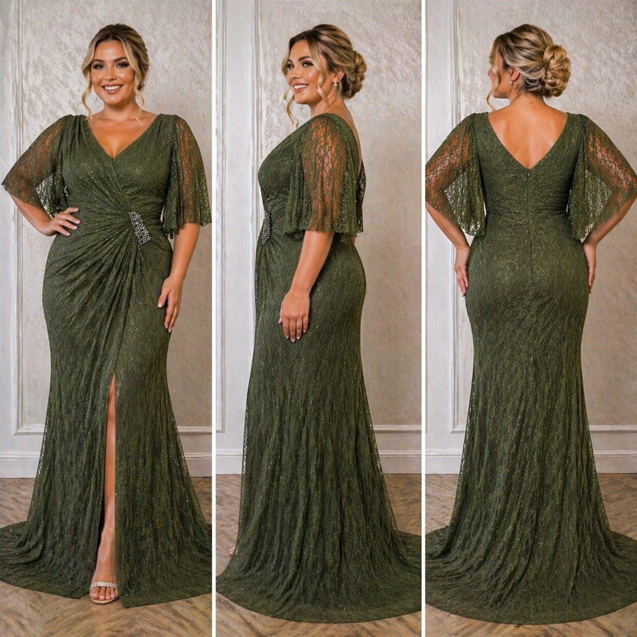 Rochia Lana – Rochie eleganta lunga neagra  sau verde oliv din dantela Chantilly plus size, croi sirena
