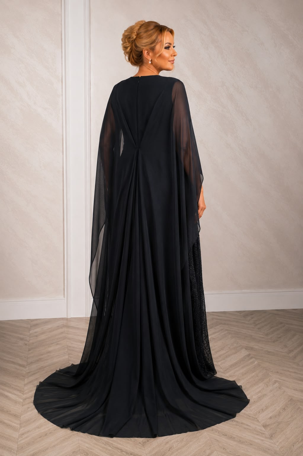 Rochia Simona – Rochie lunga de seara din dantela cu maneci vaporoase