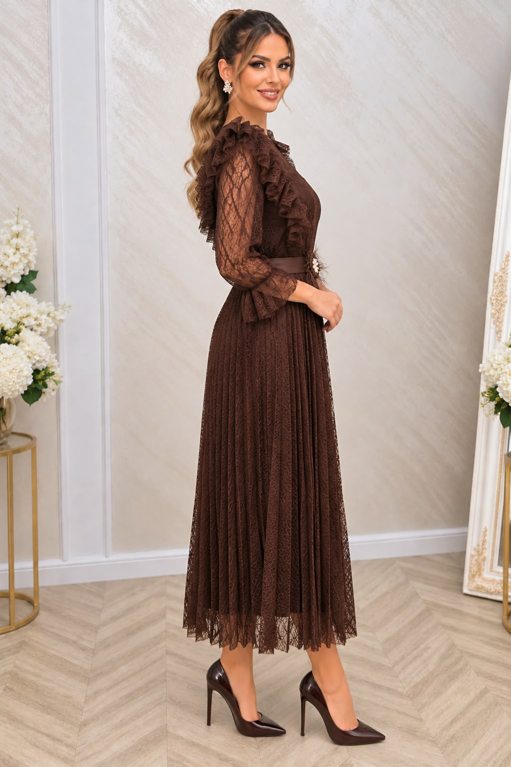 Rochie Dejavu midi din dantela cu maneci si curea eleganta