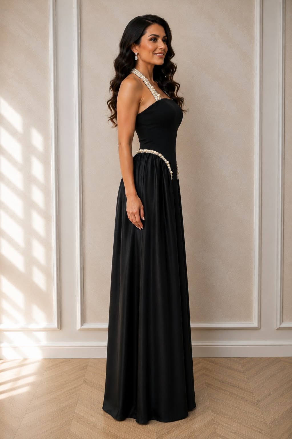 Rochie lunga neagra Inset cu perle - editie limitata