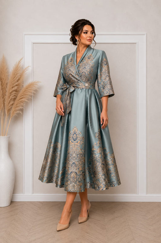 Rochia Kami – Rochie Eleganta satinata cu imprimeuri aurii si design luxury disponibila in 2 culori