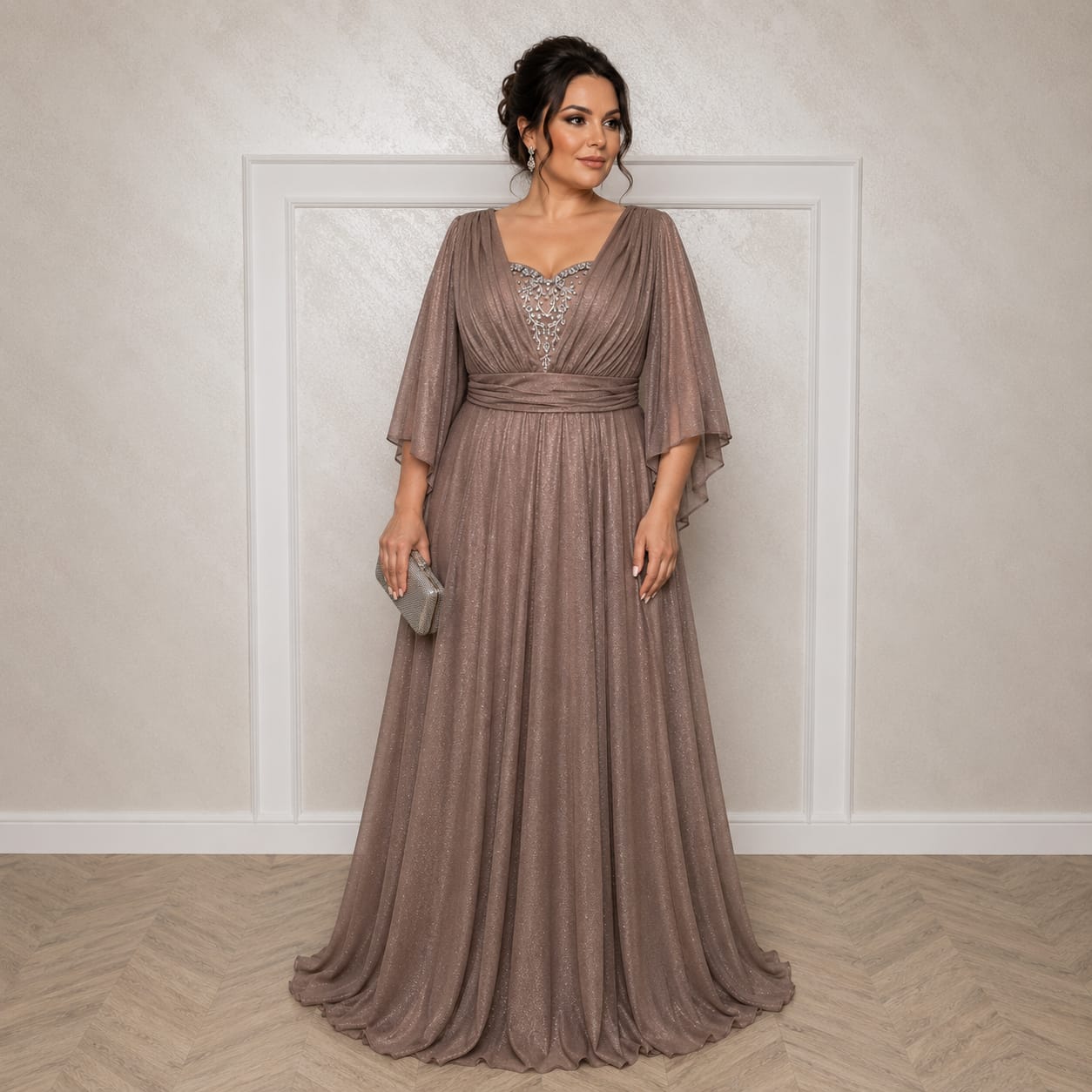 Rochie Bella Nou -Din voal sclipitor cu maneci fluide croi care subtiaza silueta nuante diferite