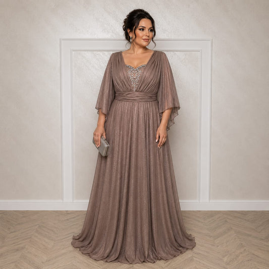 Rochie Bella Nou -Din voal sclipitor cu maneci fluide croi care subtiaza silueta nuante diferite
