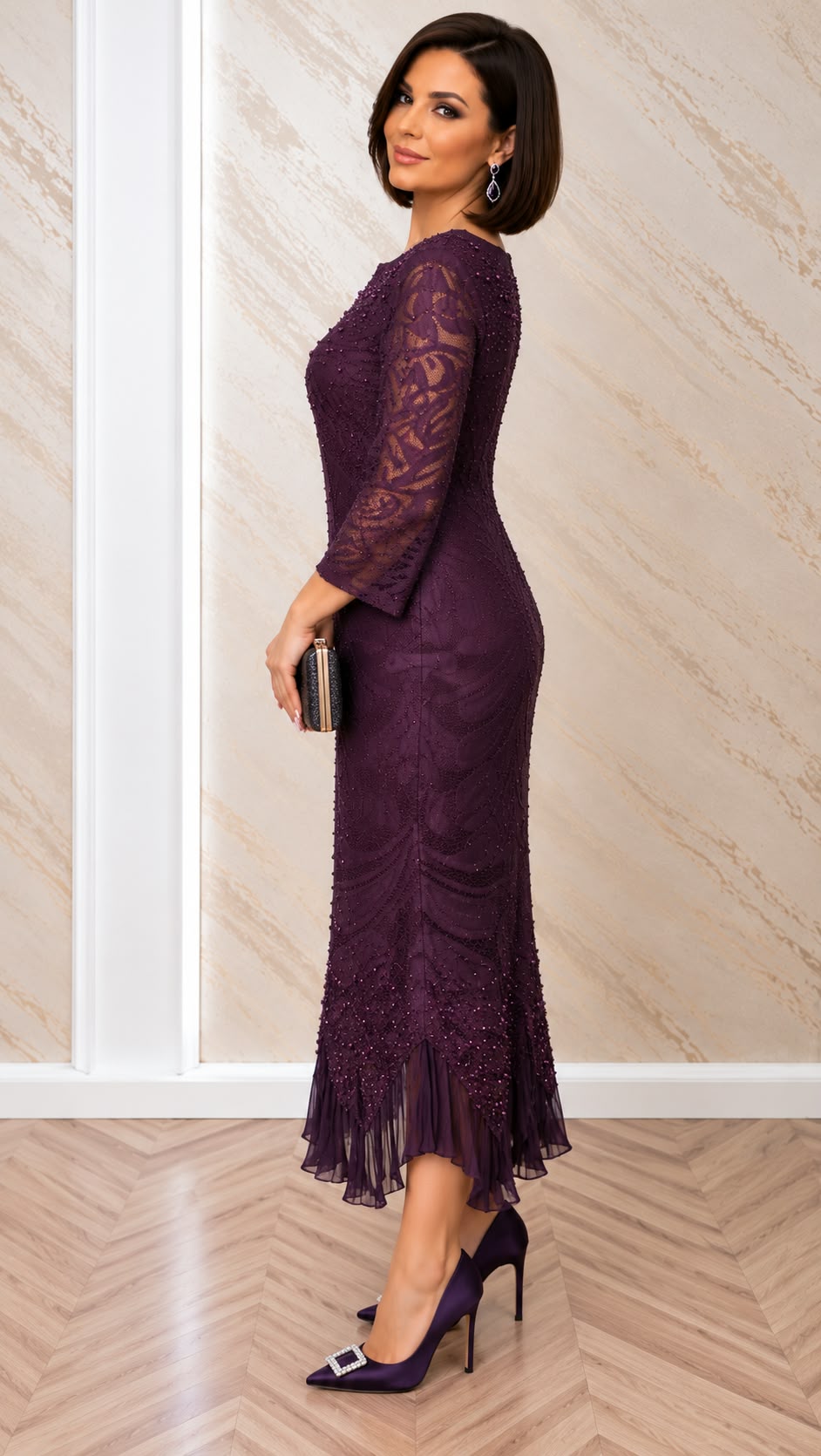 Rochie Marika midi din dantela cu maneci – bleumarin, negru si purpuriu