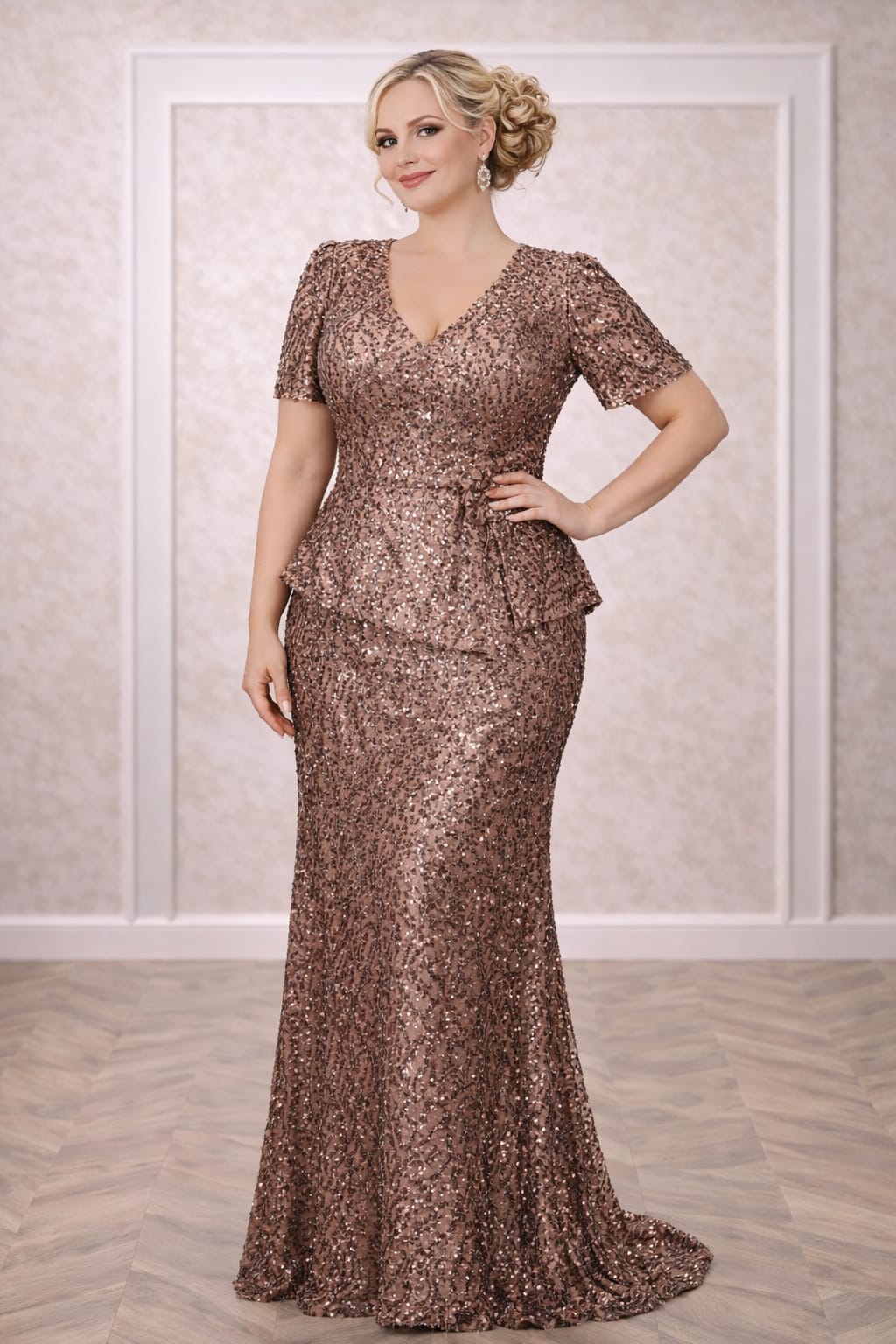 Rochia Goldi – Rochie eleganta aurie din paiete, croi sirena, pentru siluete voluptuoase