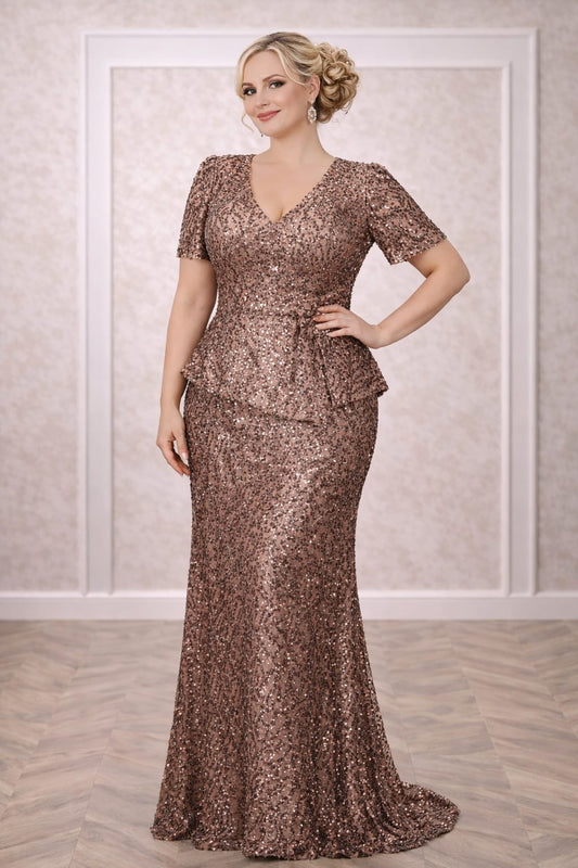 Rochia Goldi – Rochie eleganta aurie din paiete, croi sirena, pentru siluete voluptuoase