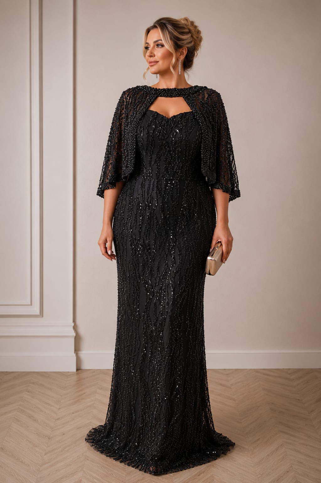 Rochia Royale – Rochie lunga cu capa detasabila in nuanta bej/auriu si negru