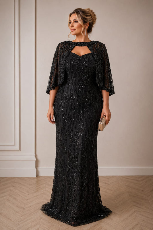 Rochia Royale – Rochie lunga cu capa detasabila in nuanta bej/auriu si negru