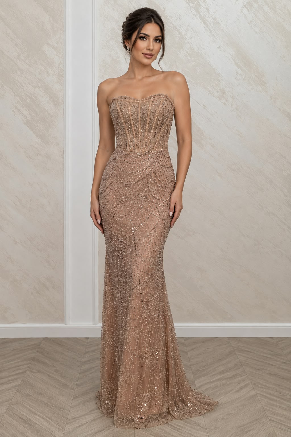 Rochie Adelle lunga cappuccino cu corset si cristale