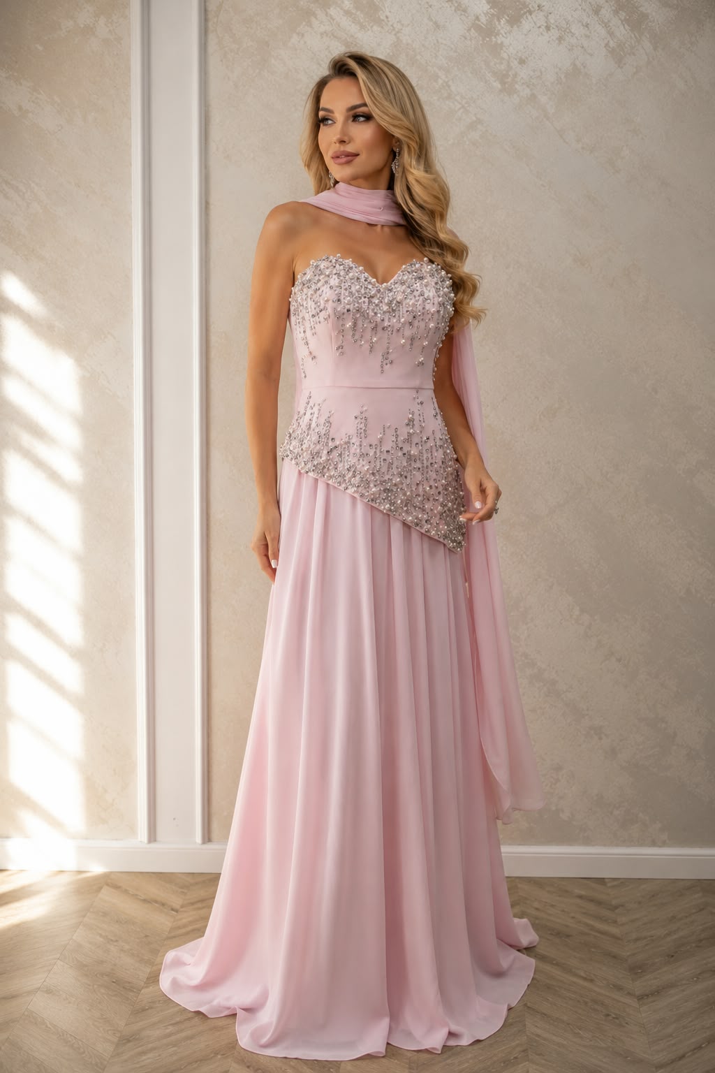 Rochie lunga Escari roz pudra cu perle si cristale - editie limitata