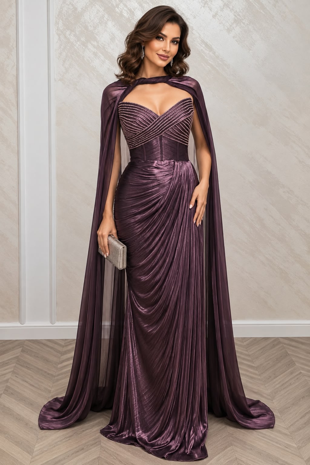 Rochie Londra din matase organica cu corset, capa si trena