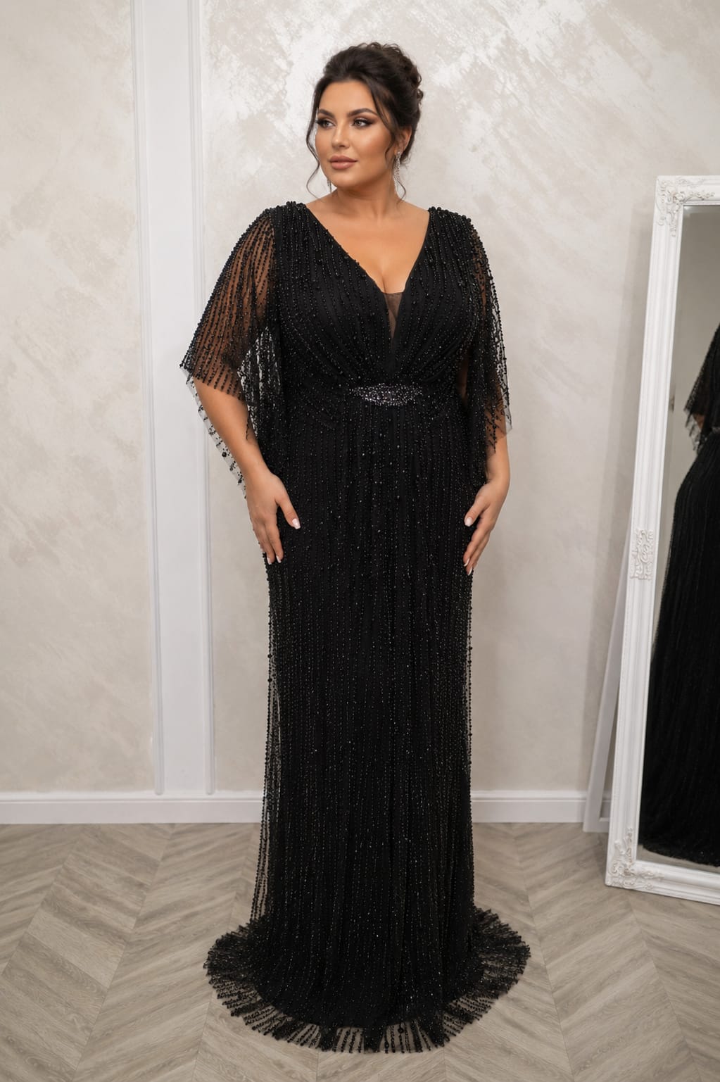 Rochia Favana  New– Rochie lunga luxurianta cu perle disponibila in doua culori pentru masuri plus size